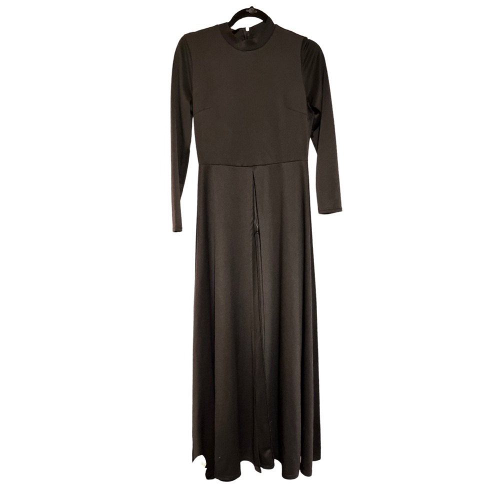 Dramatic Mockneck Long Sleeve Tuxedo Dress with Open Full Length Skirt